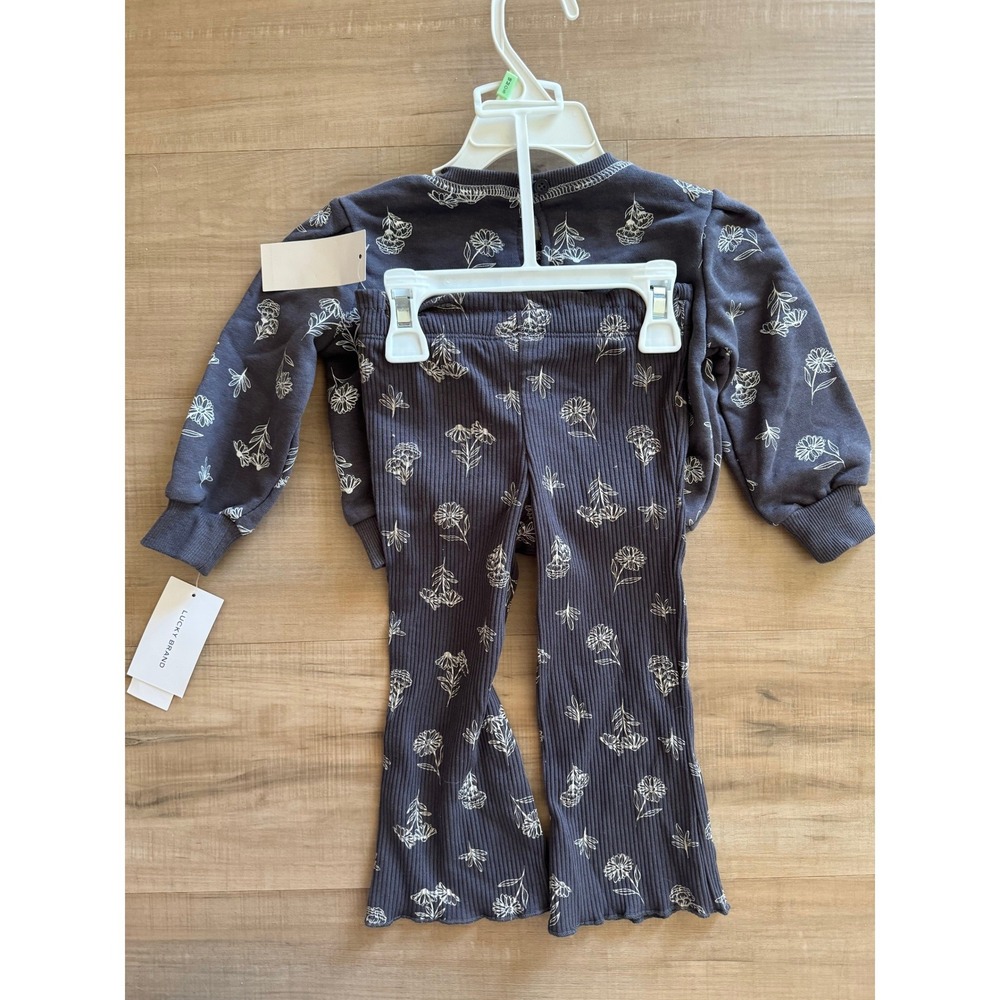 Lucky Brand Baby Girls 2 Piece Sweatshirt and Ribbed Flare Pants Set Gray 18M